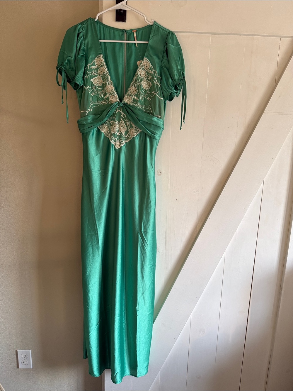 FREE PEOPLE Cooper Midi Dress | Embroidered Lace & Green Satin NWT